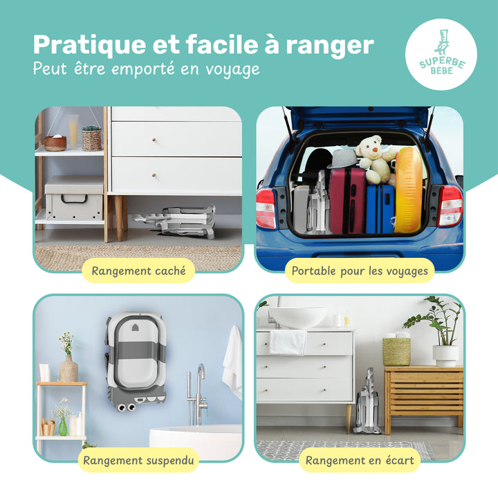Baignoire bébé pliable compacte DINO – Coussin & thermomètre inclus