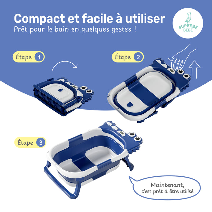 Baignoire bébé pliable compacte DINO – Coussin & thermomètre inclus