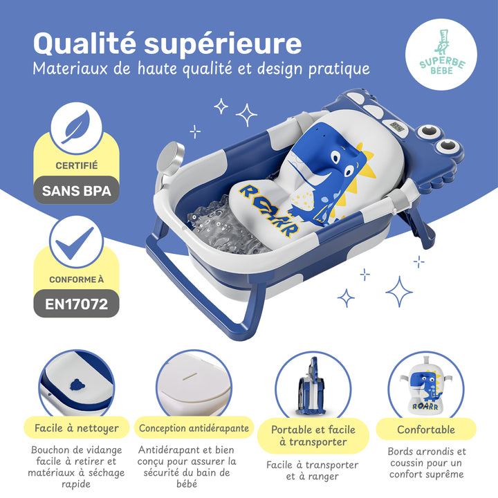 Baignoire bébé pliable compacte DINO – Coussin & thermomètre inclus