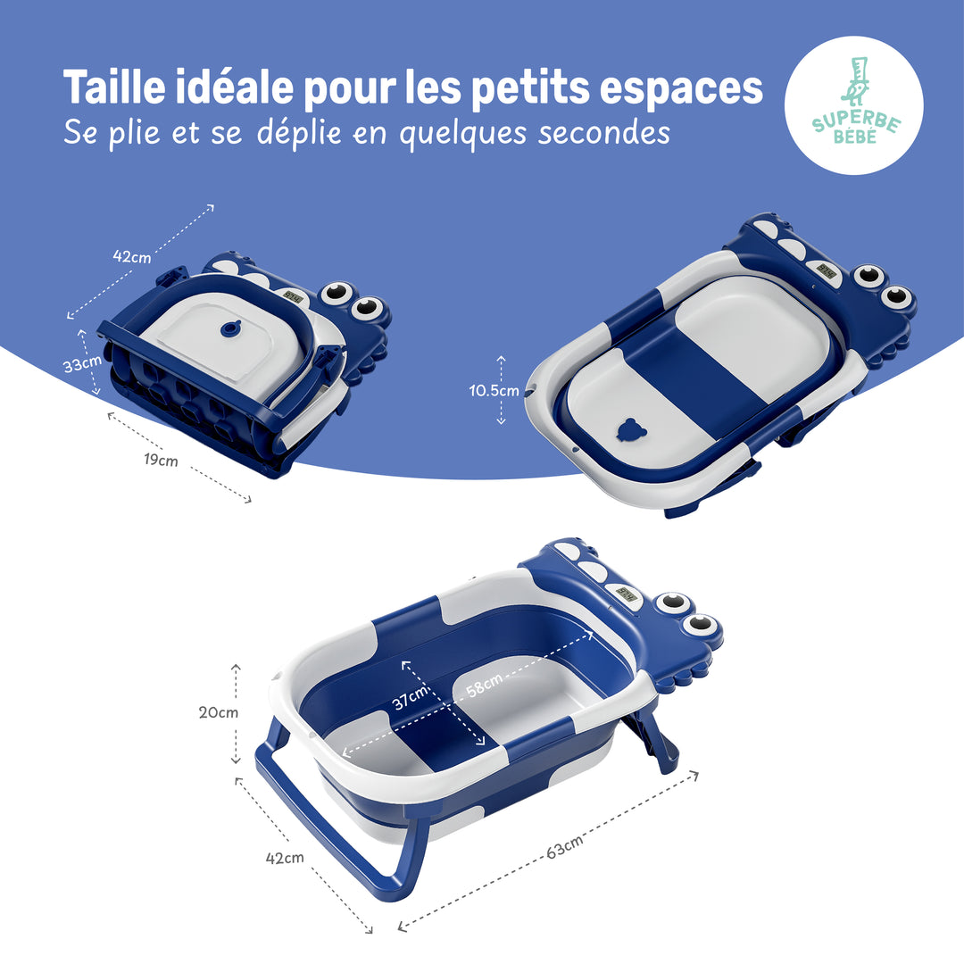 Baignoire bébé pliable compacte DINO – Coussin & thermomètre inclus