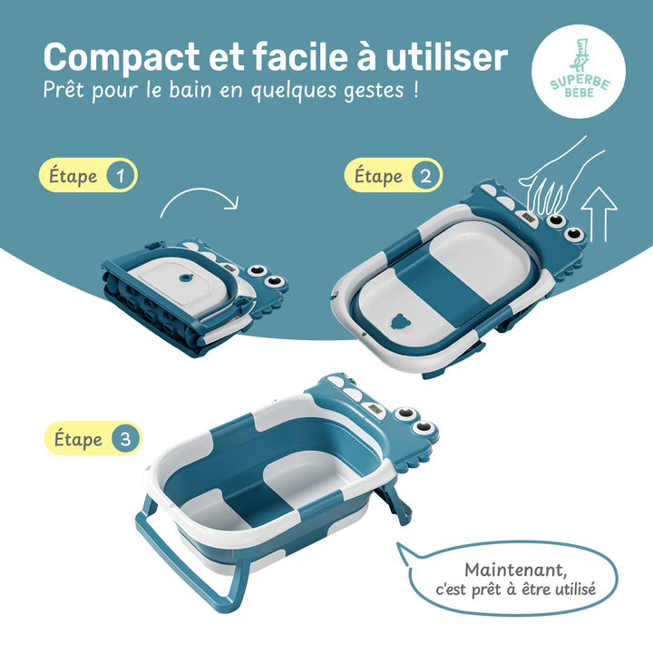 Baignoire bébé pliable compacte DINO – Coussin & thermomètre inclus