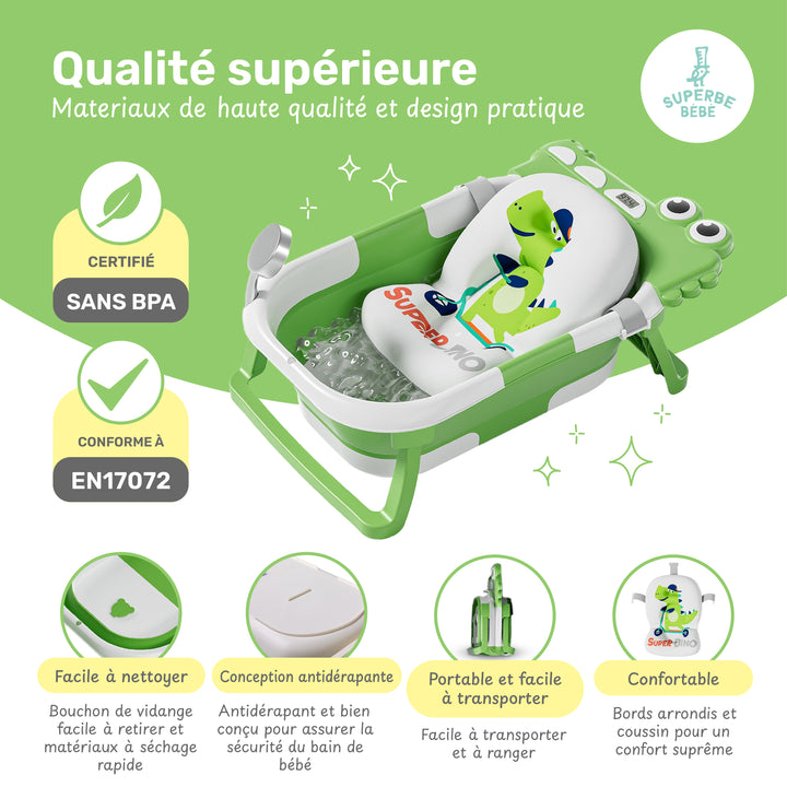 Baignoire bébé pliable compacte DINO – Coussin & thermomètre inclus