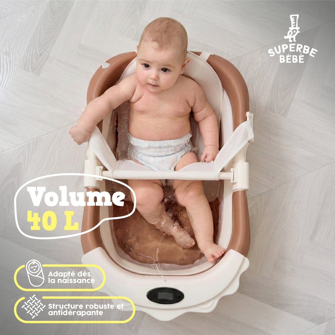 Baignoire bébé pliable compacte LION – Coussin & thermomètre inclus#couleur_brown