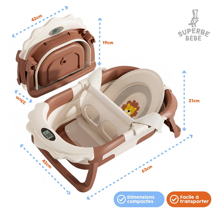 Baignoire bébé pliable compacte LION – Coussin & thermomètre inclus#couleur_brown