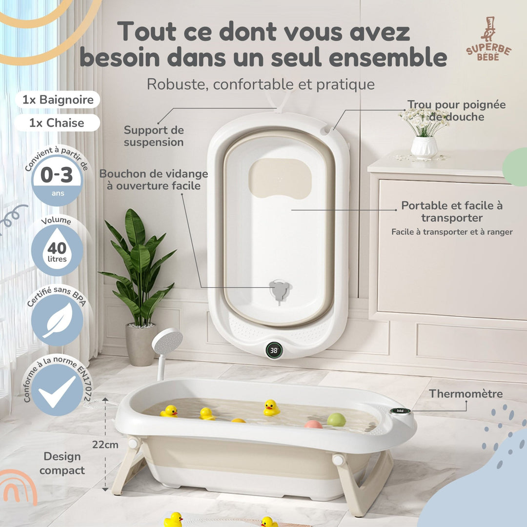 Baignoire bébé pliable - Thermomètre et transat inclus#couleur_beige