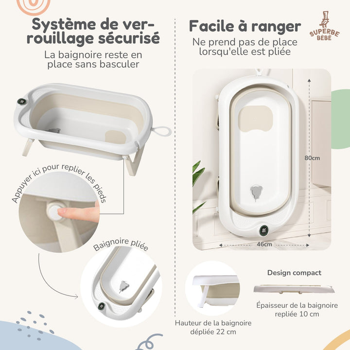 Baignoire bébé pliable - Thermomètre et transat inclus#couleur_beige