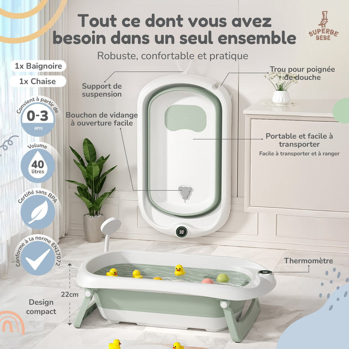 Baignoire bébé pliable - Thermomètre et transat inclus#couleur_green