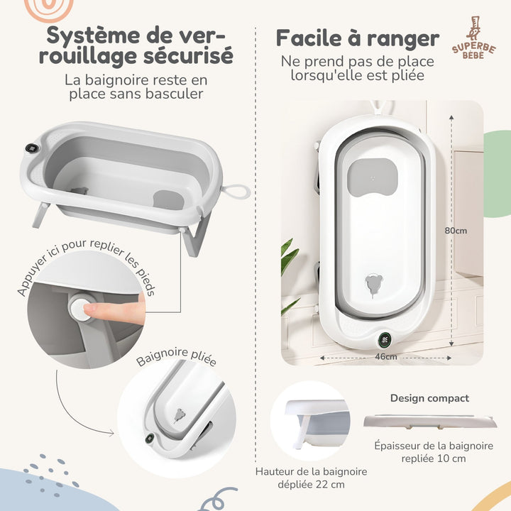 Baignoire bébé pliable - Thermomètre et transat inclus#couleur_grey