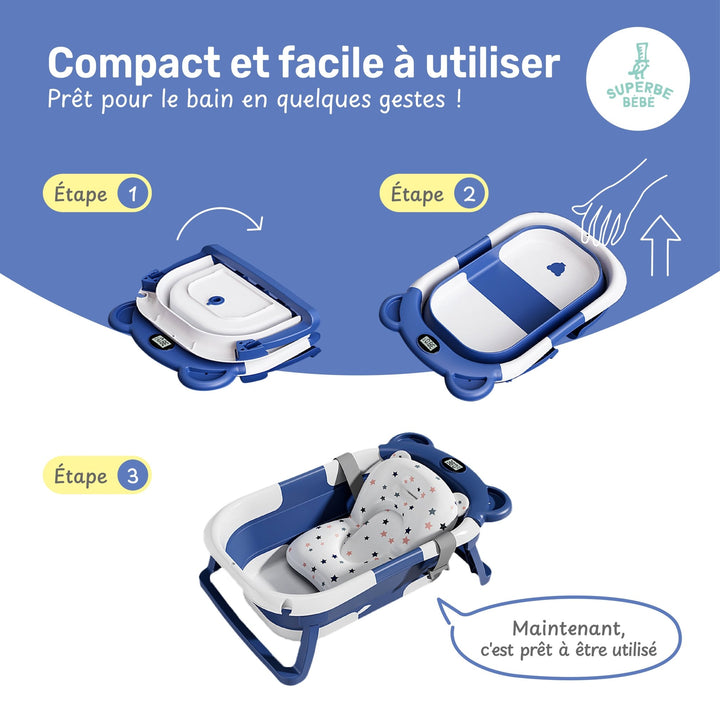 Baignoire bébé pliable - Thermomètre et coussin inclus - BEAR#couleur_blue