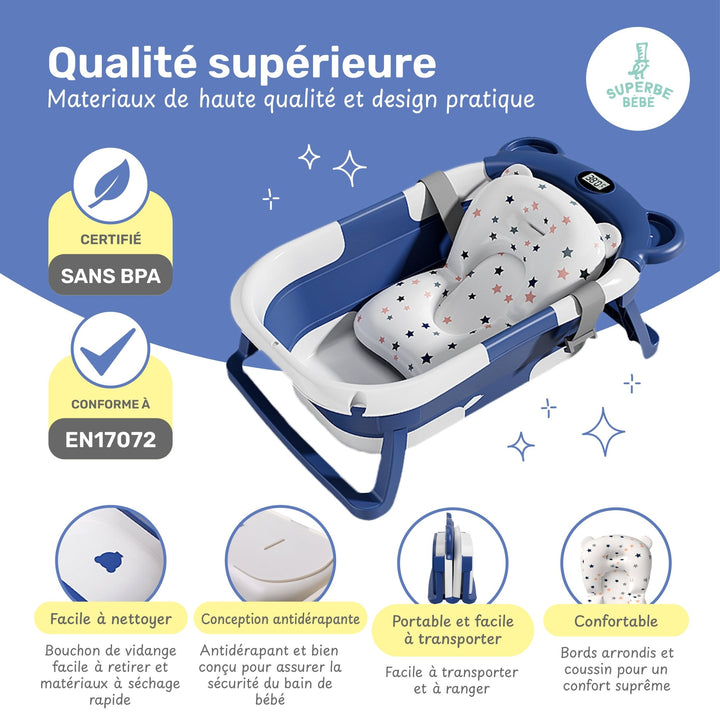 Baignoire bébé pliable - Thermomètre et coussin inclus - BEAR#couleur_blue